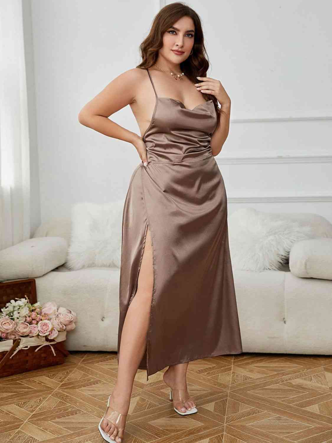 Plus Size Lace - Up Spaghetti Strap Split Night Dress - Bela Fils BoutiqueWomen's ClothingBela Fils Boutique